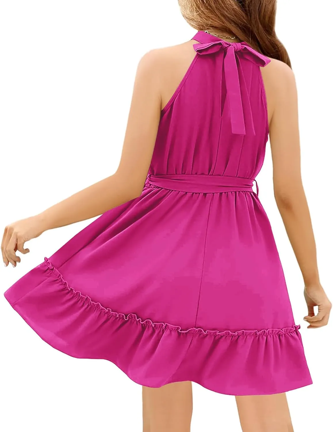 Newffr Girl's Halter Neck Sleeveless Summer Dress Tie Waist A-line Sundress Mini Swing Pleated Dress for Girls 4-12