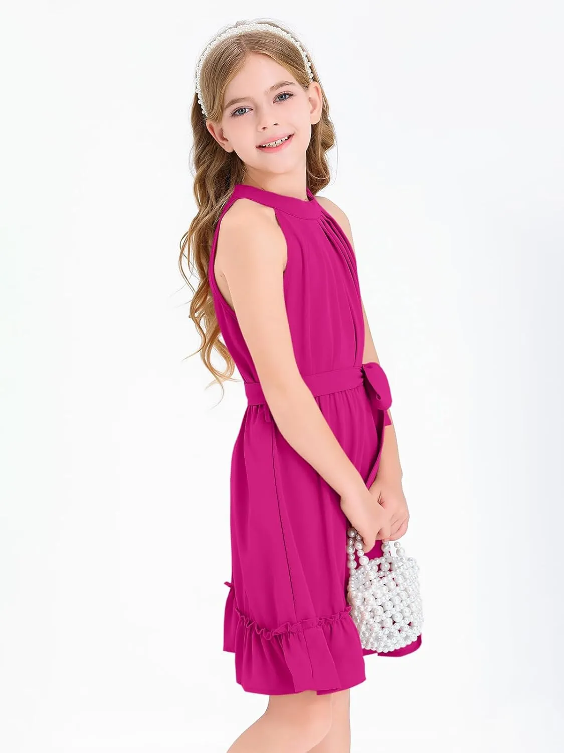 Newffr Girl's Halter Neck Sleeveless Summer Dress Tie Waist A-line Sundress Mini Swing Pleated Dress for Girls 4-12
