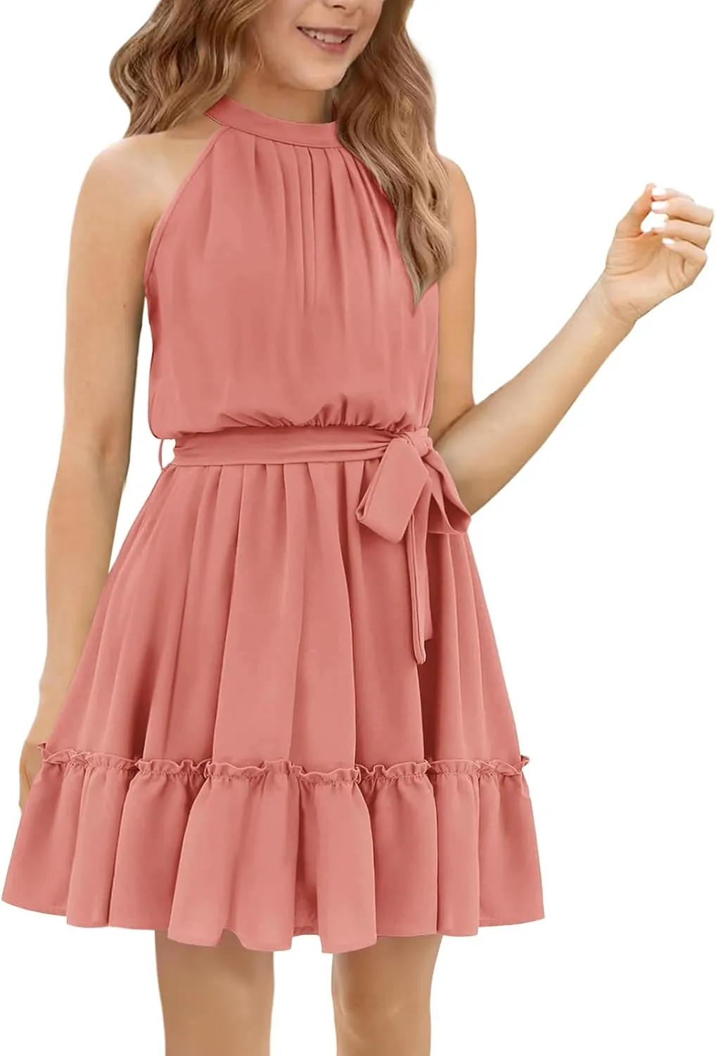 Newffr Girl's Halter Neck Sleeveless Summer Dress Tie Waist A-line Sundress Mini Swing Pleated Dress for Girls 4-12