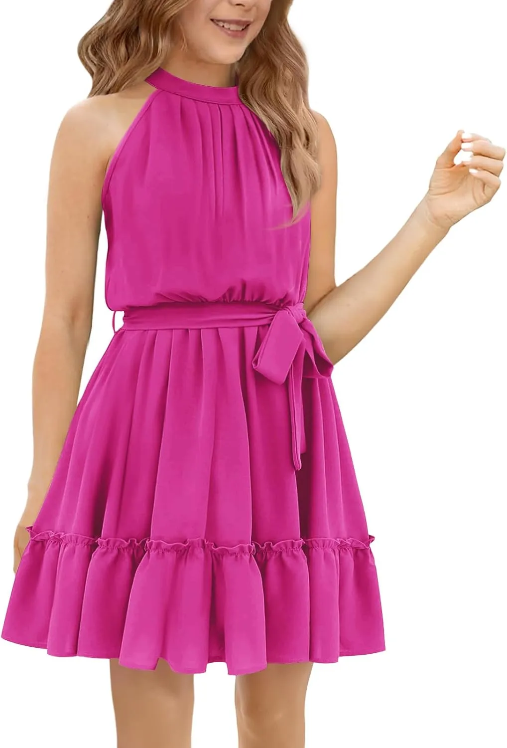 Newffr Girl's Halter Neck Sleeveless Summer Dress Tie Waist A-line Sundress Mini Swing Pleated Dress for Girls 4-12