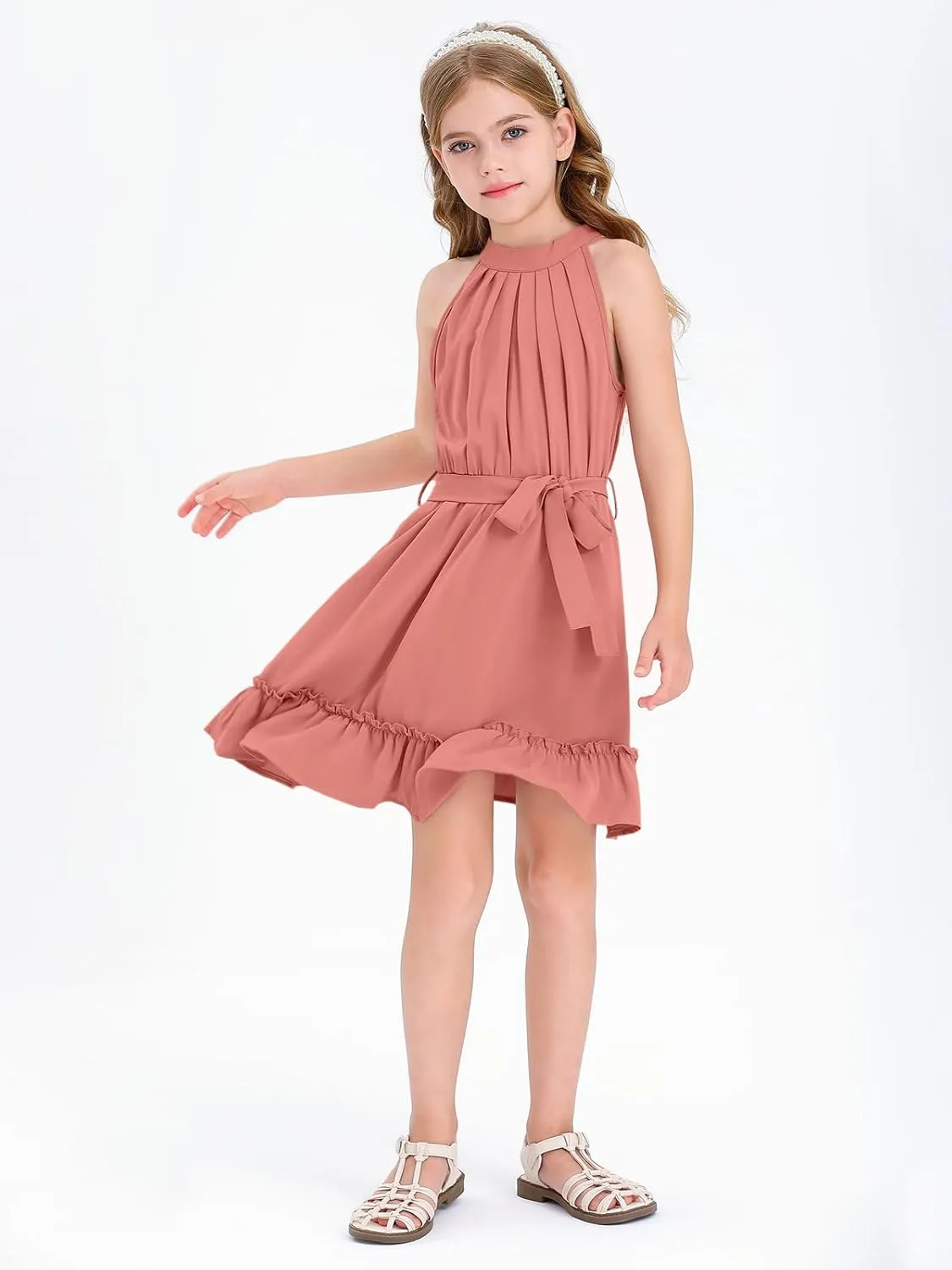 Newffr Girl's Halter Neck Sleeveless Summer Dress Tie Waist A-line Sundress Mini Swing Pleated Dress for Girls 4-12