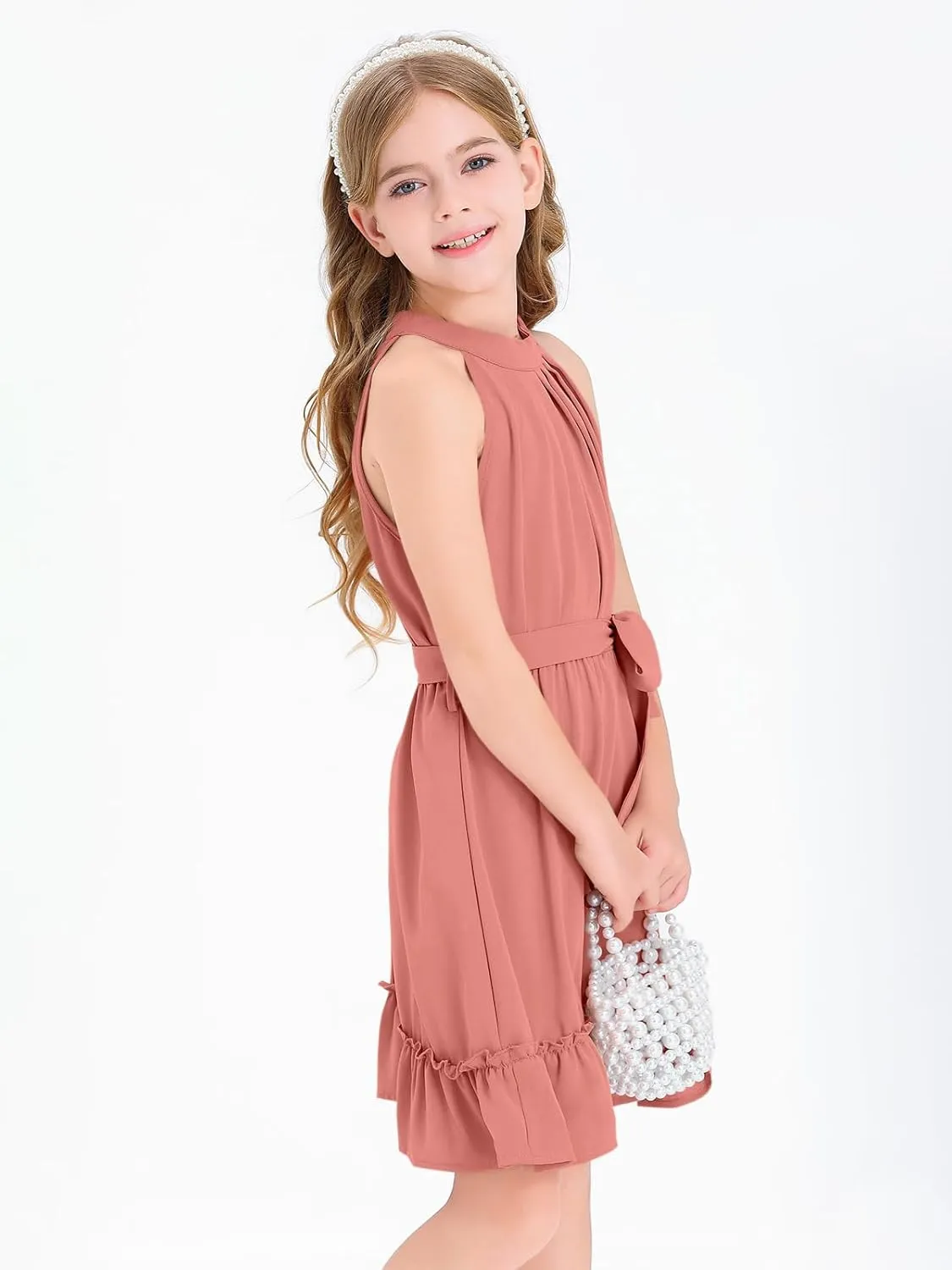 Newffr Girl's Halter Neck Sleeveless Summer Dress Tie Waist A-line Sundress Mini Swing Pleated Dress for Girls 4-12