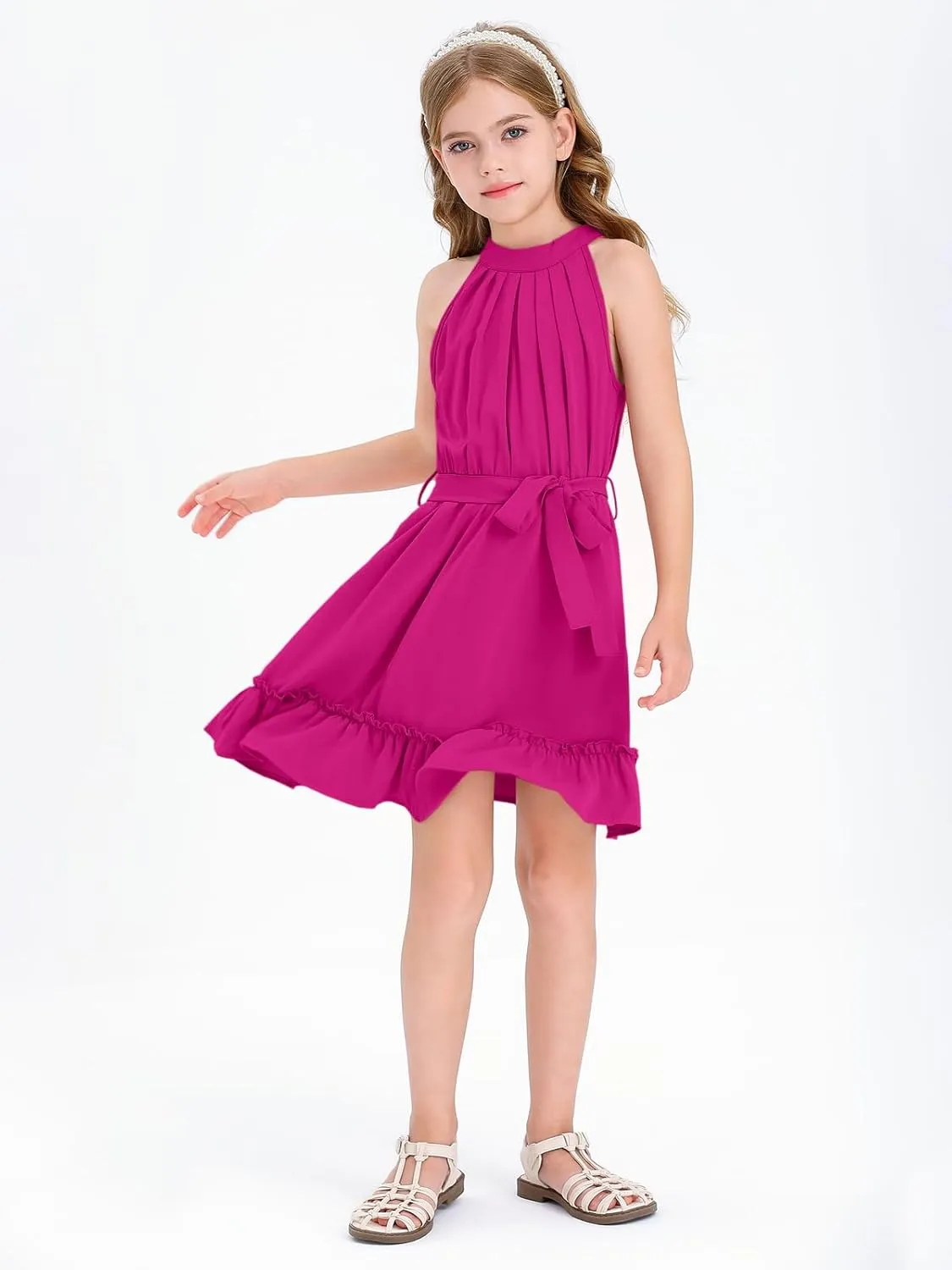 Newffr Girl's Halter Neck Sleeveless Summer Dress Tie Waist A-line Sundress Mini Swing Pleated Dress for Girls 4-12