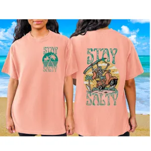 Stay Salty Comfort Colors® T-Shirt, Front and Back Retro Beach Skeletons T-Shirt Dress, 1970's Vintage Summer Beach Tee