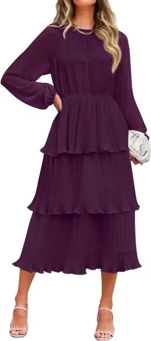 ZESICA Women's 2025 Long Sleeve Crew Neck Ruffle Tiered Layered Chiffon Flowy Swing 2025 Long Midi Dress
